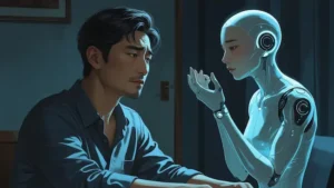 외로움에 맞서 AI를 조력자 삼아 감정을 토로하고 대화하고 있는 동아시아 남성.